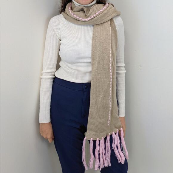 Y2K Tan and Pastel Pink Fringe Fall Winter Scarf - Picture 3 of 4